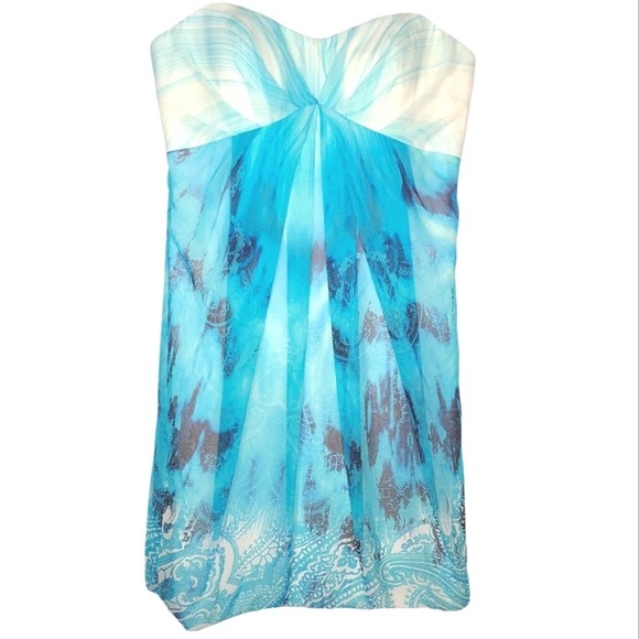 Aidan Mattox Dresses & Skirts - Aidan Mattox 100% Silk Ocean Blue Aqua Paisely Print Strapless Bubble Hem Dress